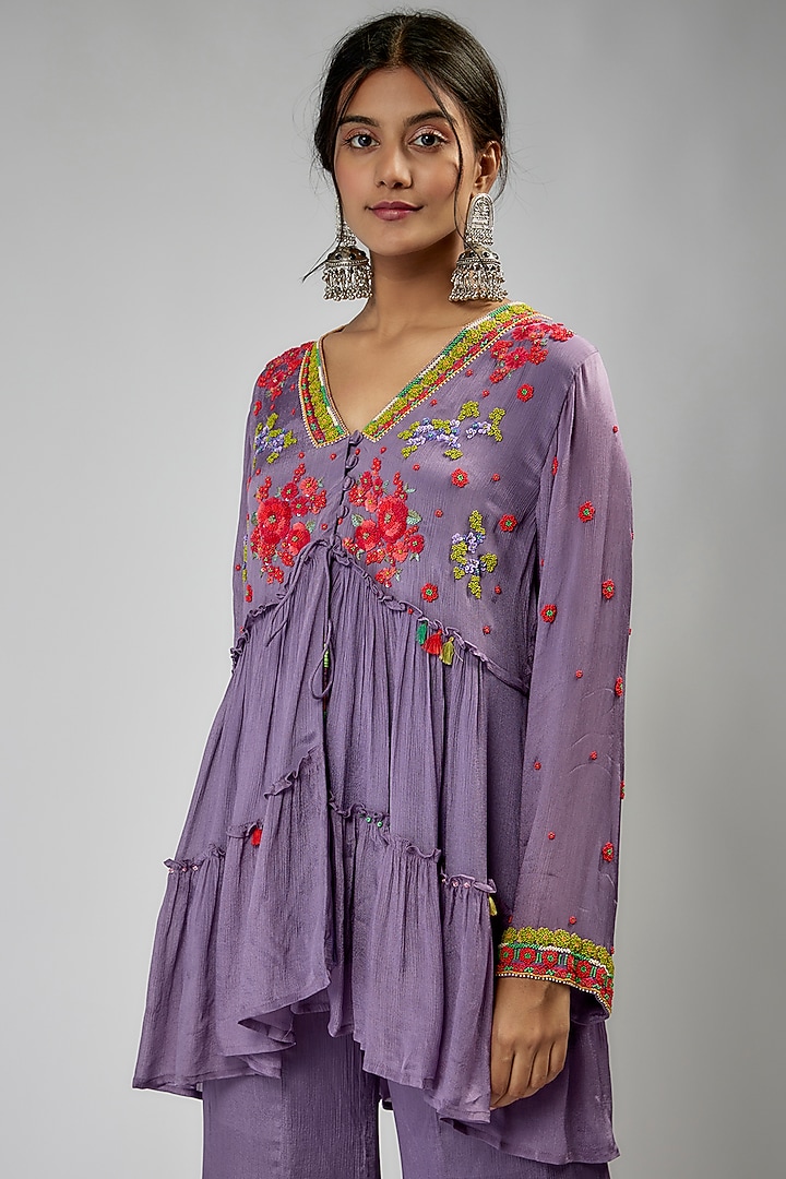 Purple Crepe Chiffon Hand Embroidered Kurta Set by Half Full Curve at Pernia's Pop Up Shop