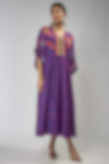 Purple Fine Chanderi Hand Embroidered Kaftan Dress by Half Full Curve at Pernia's Pop Up Shop