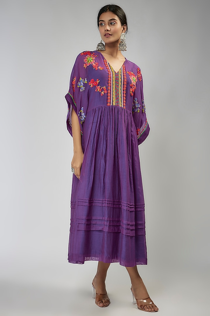 Purple Fine Chanderi Hand Embroidered Kaftan Dress by Half Full Curve at Pernia's Pop Up Shop