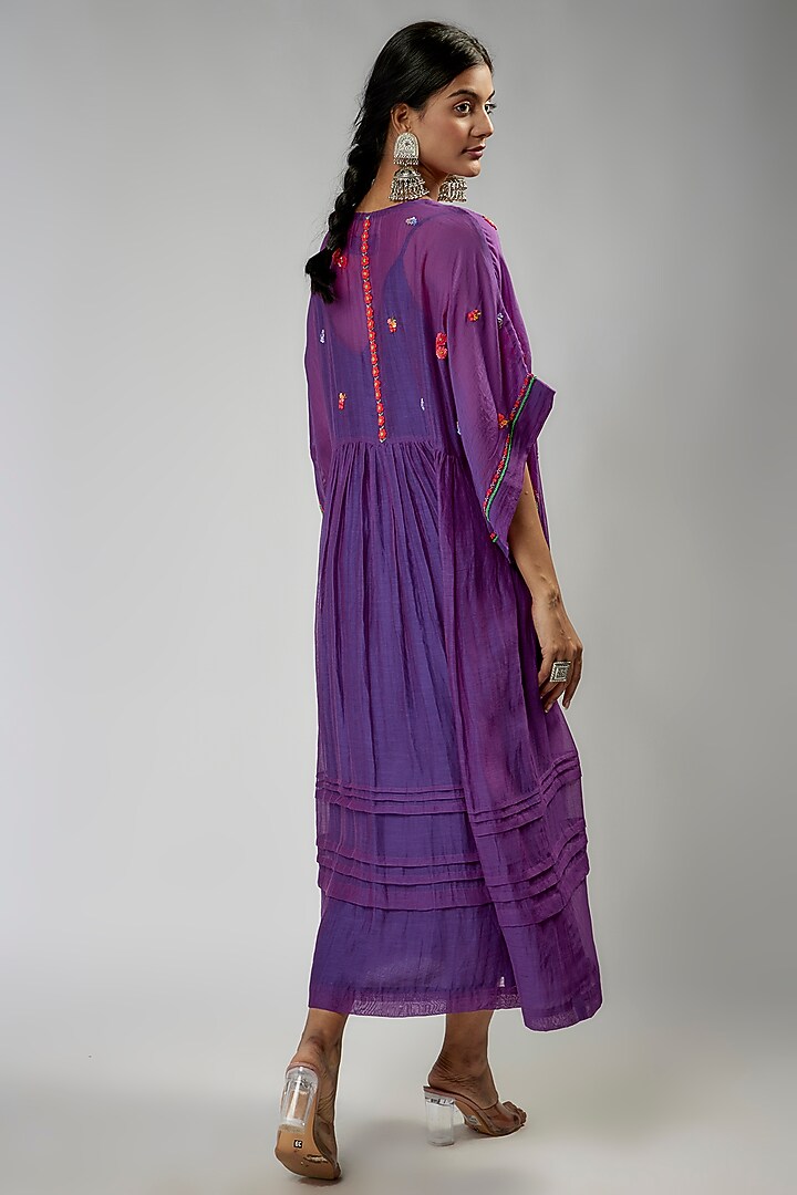 Purple Fine Chanderi Hand Embroidered Kaftan Vacation Dress by Half Full Curve at Pernia's Pop Up Shop