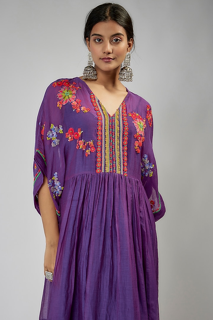 Purple Fine Chanderi Hand Embroidered Kaftan Vacation Dress by Half Full Curve at Pernia's Pop Up Shop