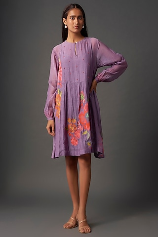 Purple Fine Chanderi Floral Embroidered Gathered Tunic by Half Full Curve