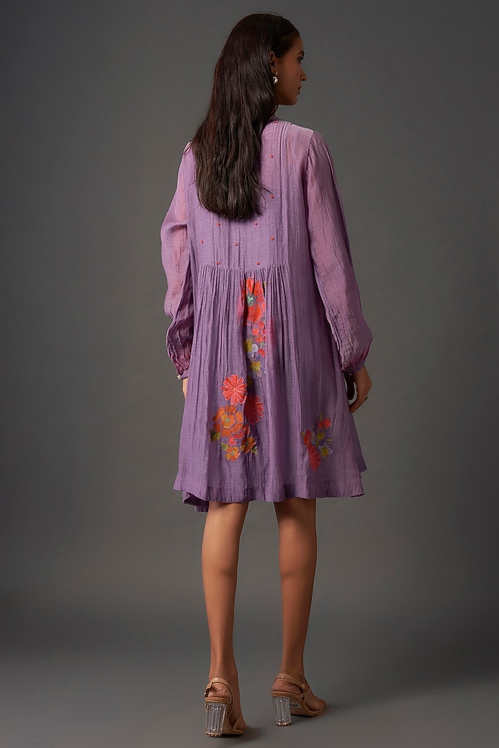 Purple Fine Chanderi Floral Embroidered Gathered Tunic by Half Full Curve at Pernia's Pop Up Shop