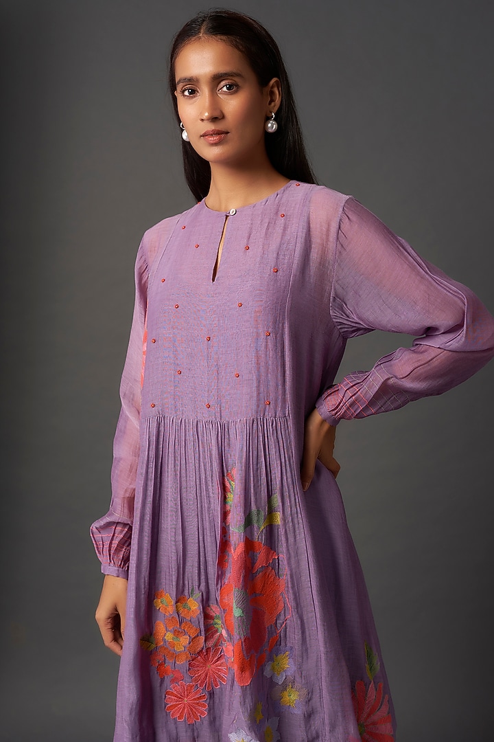 Purple Fine Chanderi Floral Embroidered Gathered Tunic by Half Full Curve at Pernia's Pop Up Shop
