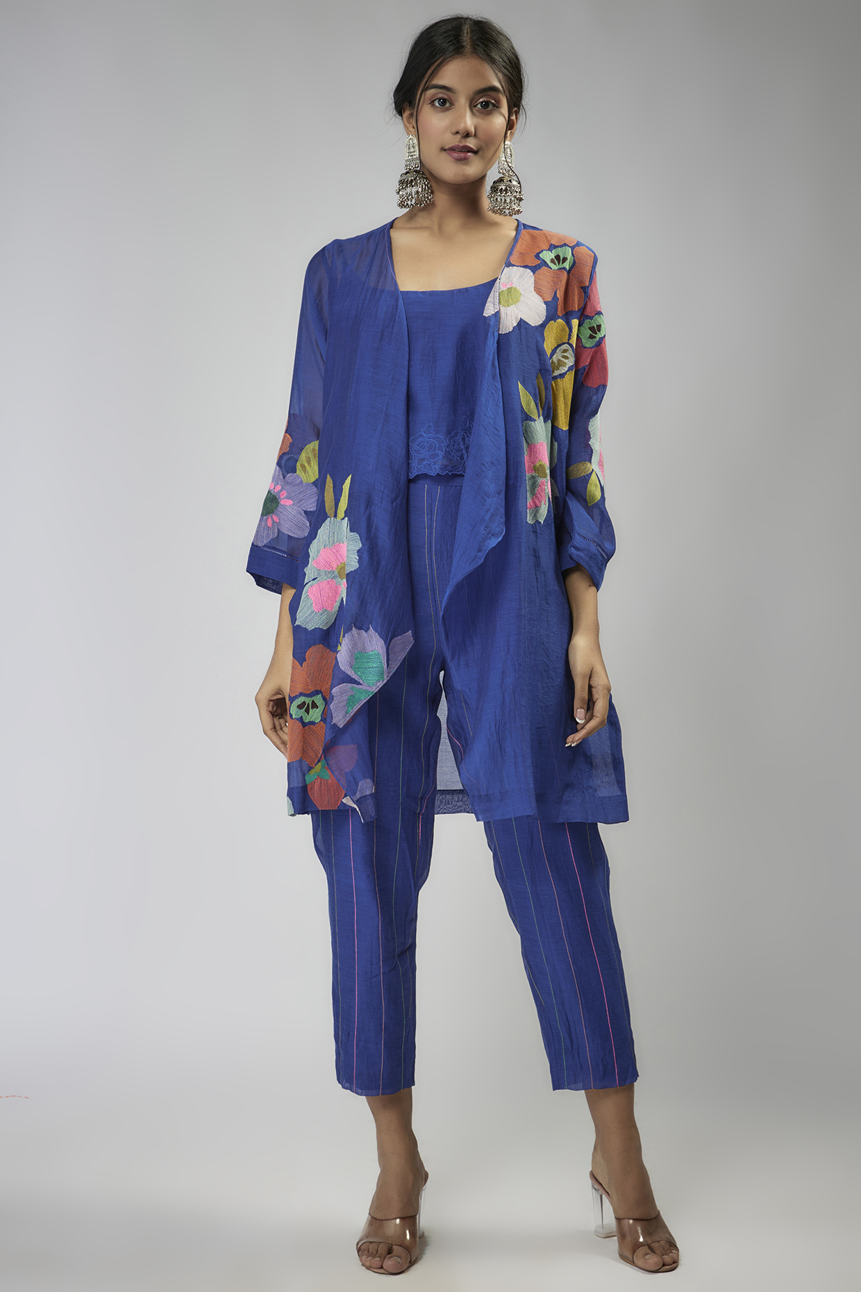 Blue Fine Chanderi Embroidered Jacket Set by Half Full Curve at Pernia's Pop Up Shop