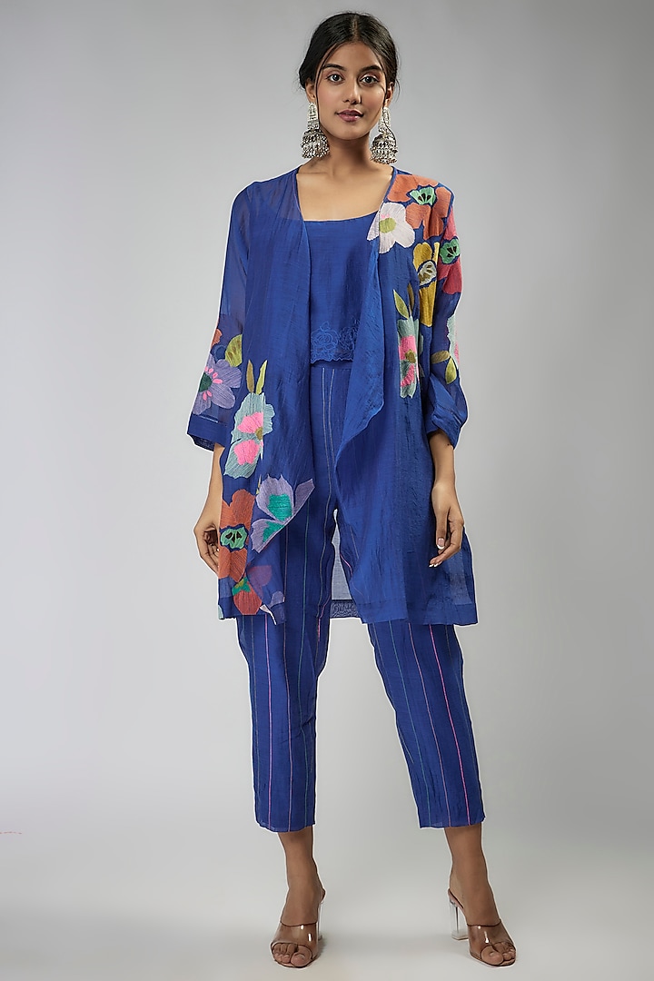 Blue Fine Chanderi Embroidered Jacket Set by Half Full Curve at Pernia's Pop Up Shop