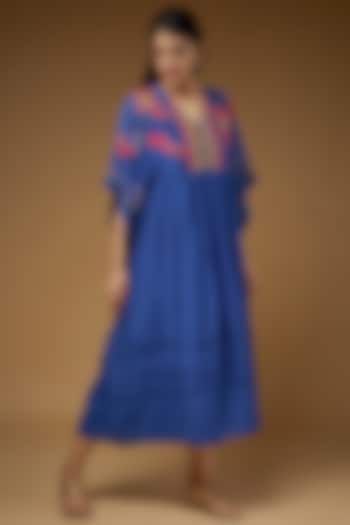 Blue Fine Chanderi Embroidered Dress by Half Full Curve