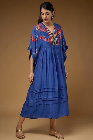 Blue Fine Chanderi Embroidered Dress by Half Full Curve