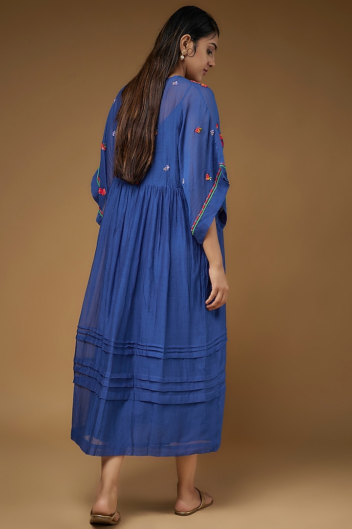 Blue Fine Chanderi Embroidered Vacation Dress by Half Full Curve at Pernia's Pop Up Shop