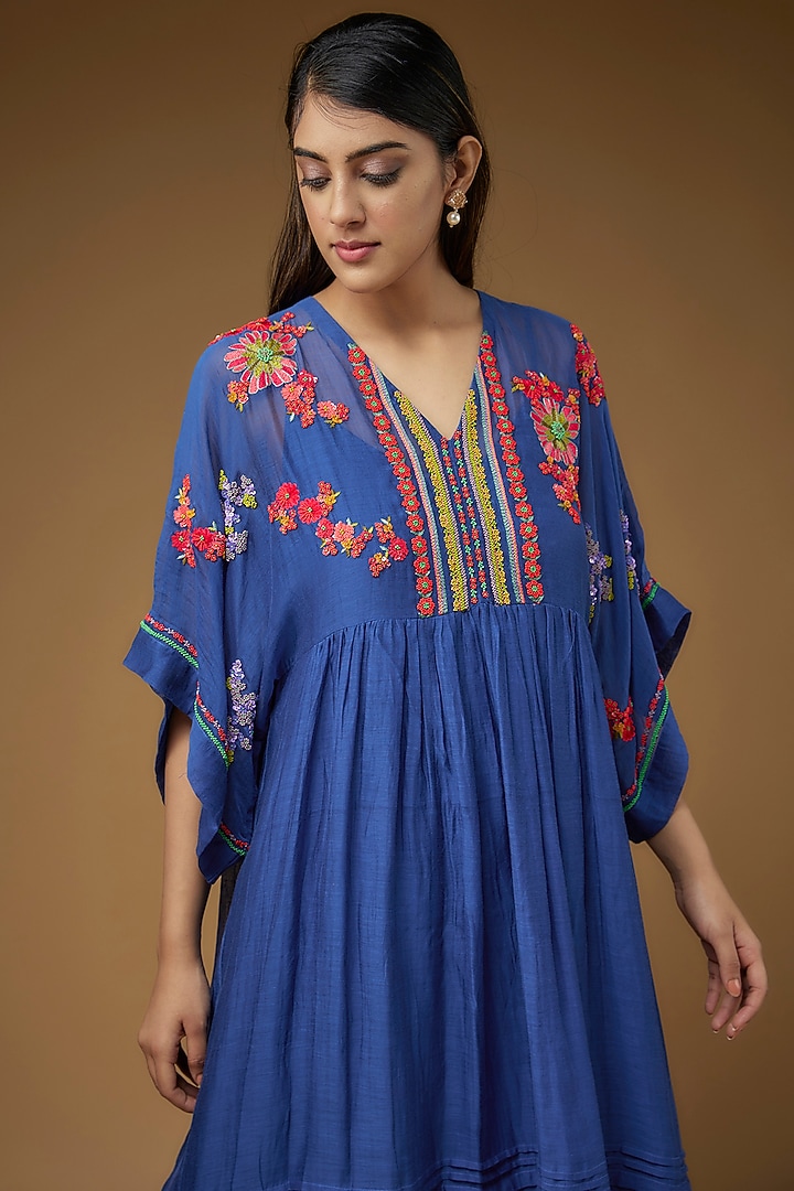 Blue Fine Chanderi Embroidered Vacation Dress by Half Full Curve at Pernia's Pop Up Shop
