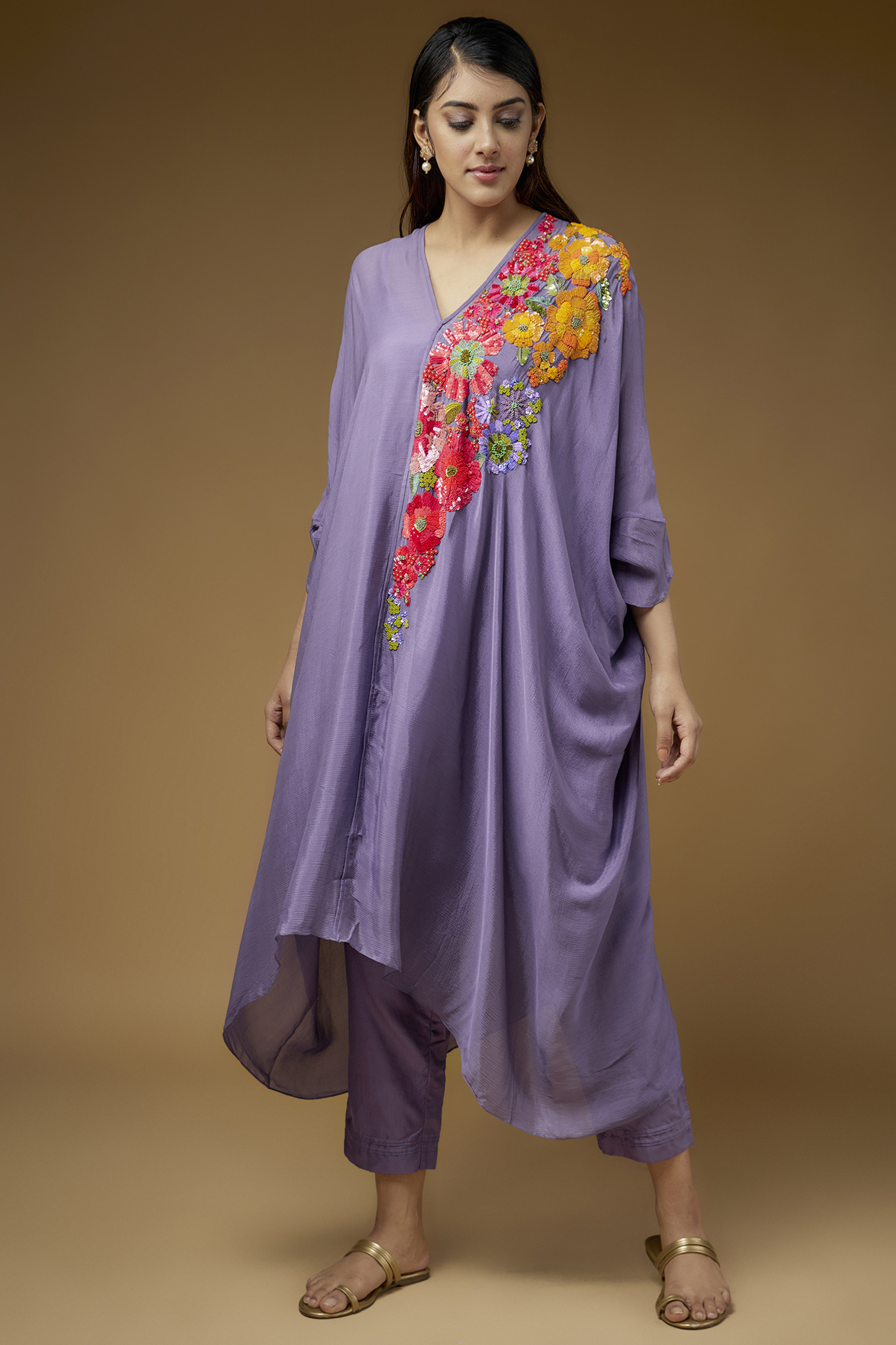 Purple Crepe Chiffon Embroidered Kaftan Set by Half Full Curve at Pernia's Pop Up Shop