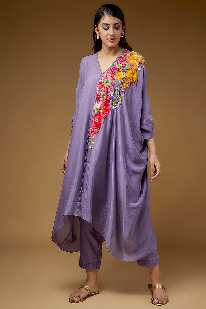 Purple Crepe Chiffon Embroidered Kaftan Set by Half Full Curve at Pernia's Pop Up Shop