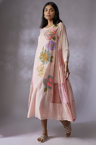 Pink Fine Chanderi Hand Embroidered Dress by Half Full Curve