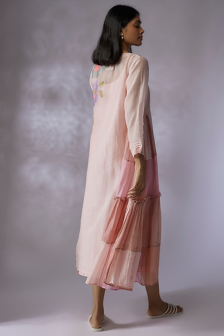 Pink Fine Chanderi Hand Embroidered Vacation Dress by Half Full Curve at Pernia's Pop Up Shop