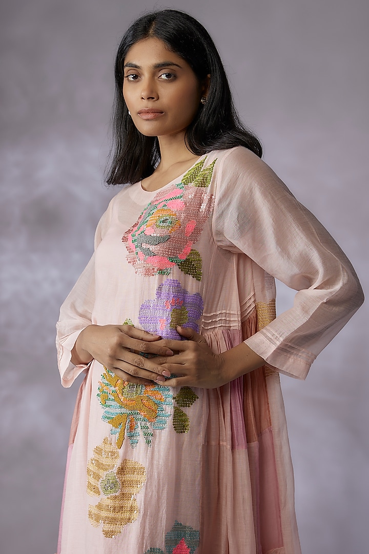 Pink Fine Chanderi Hand Embroidered Vacation Dress by Half Full Curve at Pernia's Pop Up Shop