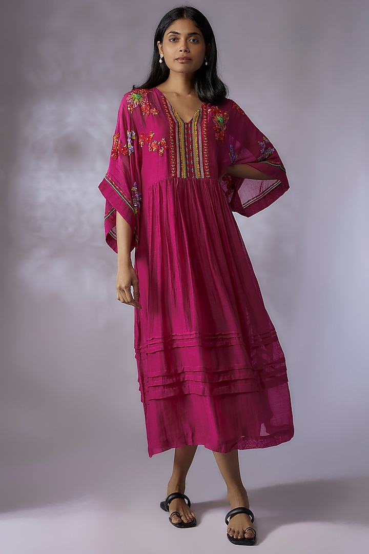 Pink Fine Chanderi Hand Embroidered Vacation Dress by Half Full Curve at Pernia's Pop Up Shop