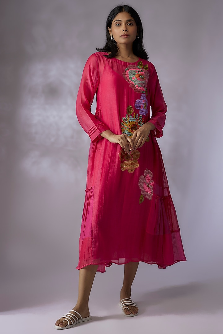 Pink Fine Chanderi Hand Embroidered Dress by Half Full Curve
