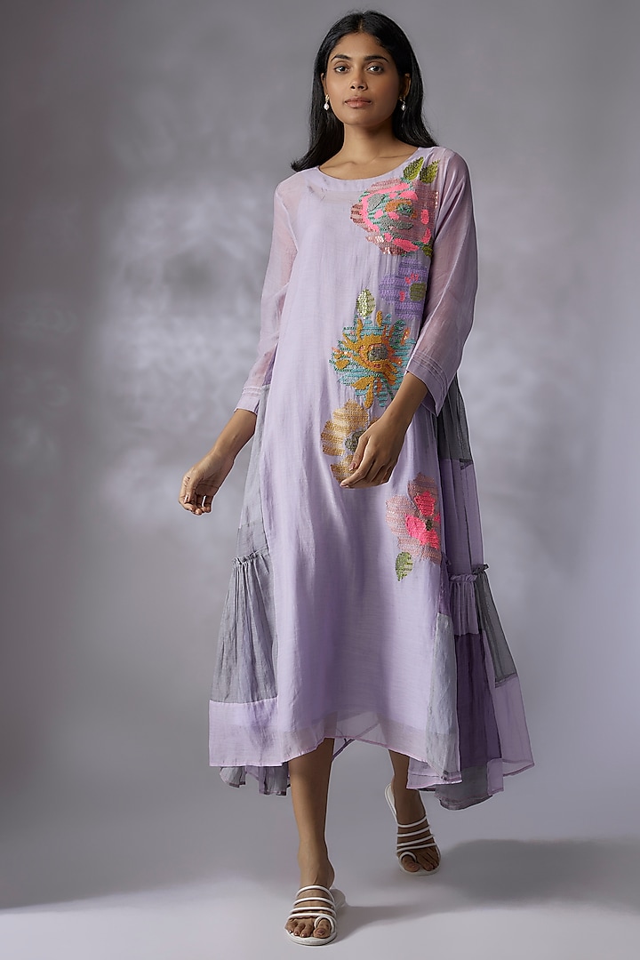 Lilac Fine Chanderi Hand Embroidered Dress by Half Full Curve