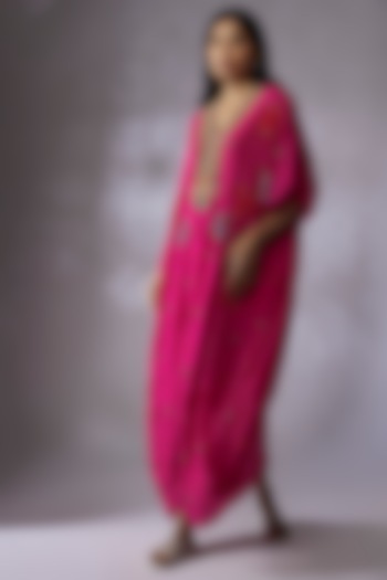 Hot Pink Crepe Chiffon Hand Embroidered Kaftan by Half Full Curve at Pernia's Pop Up Shop
