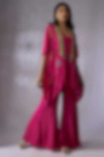 Hot Pink Crepe Chiffon Hand Embroidered Cape Set by Half Full Curve at Pernia's Pop Up Shop