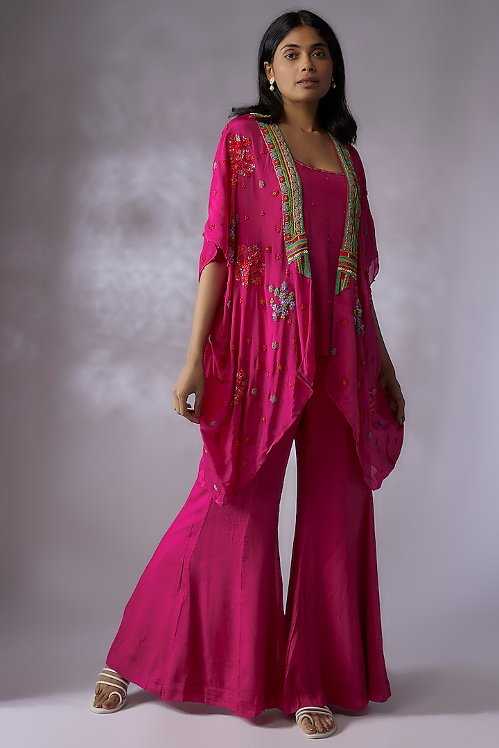 Hot Pink Crepe Chiffon Hand Embroidered Cape Set by Half Full Curve at Pernia's Pop Up Shop