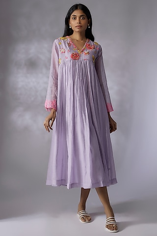 Lilac Fine Chanderi Hand Embroidered Dress by Half Full Curve