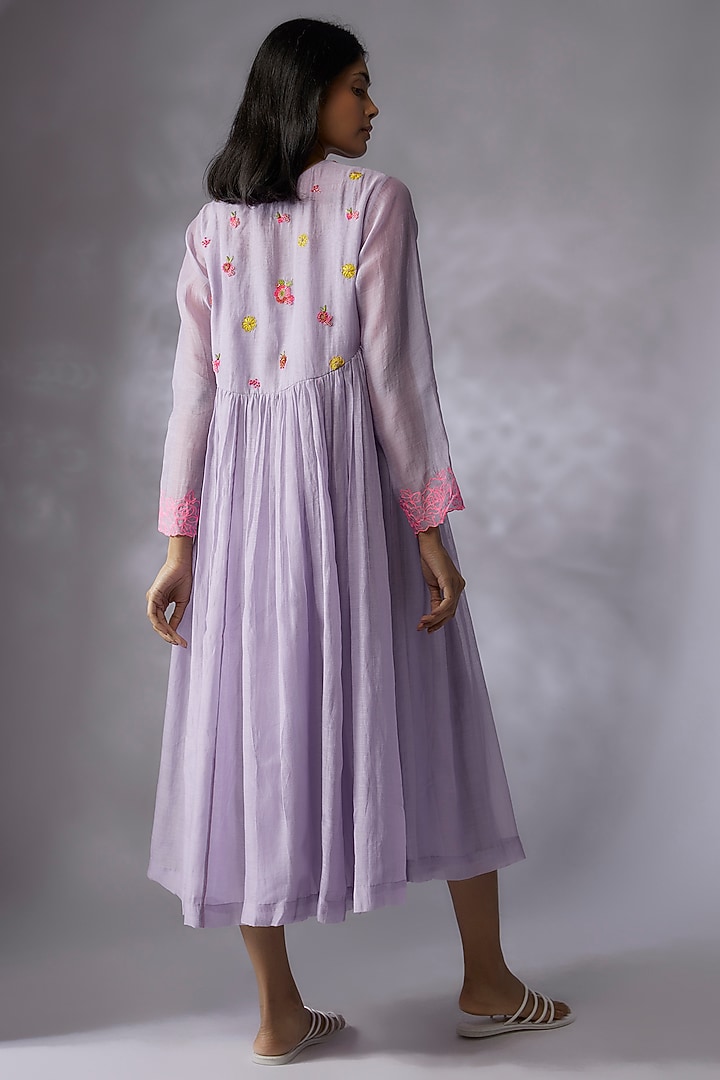 Lilac Fine Chanderi Hand Embroidered Vacation Dress by Half Full Curve at Pernia's Pop Up Shop