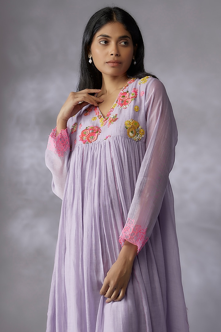 Lilac Fine Chanderi Hand Embroidered Vacation Dress by Half Full Curve at Pernia's Pop Up Shop