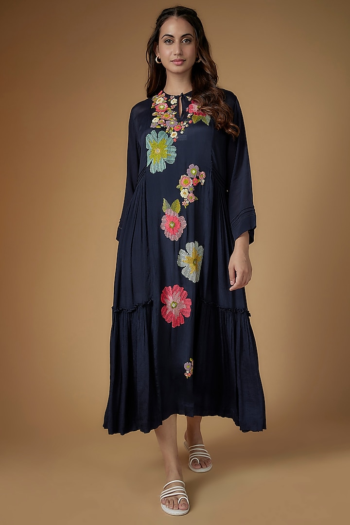 Blue Crepe Chiffon Hand Embroidered Paneled Dress by Half Full Curve