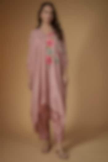 Pink Crepe Chiffon Hand Embroidered Kaftan Set by Half Full Curve at Pernia's Pop Up Shop