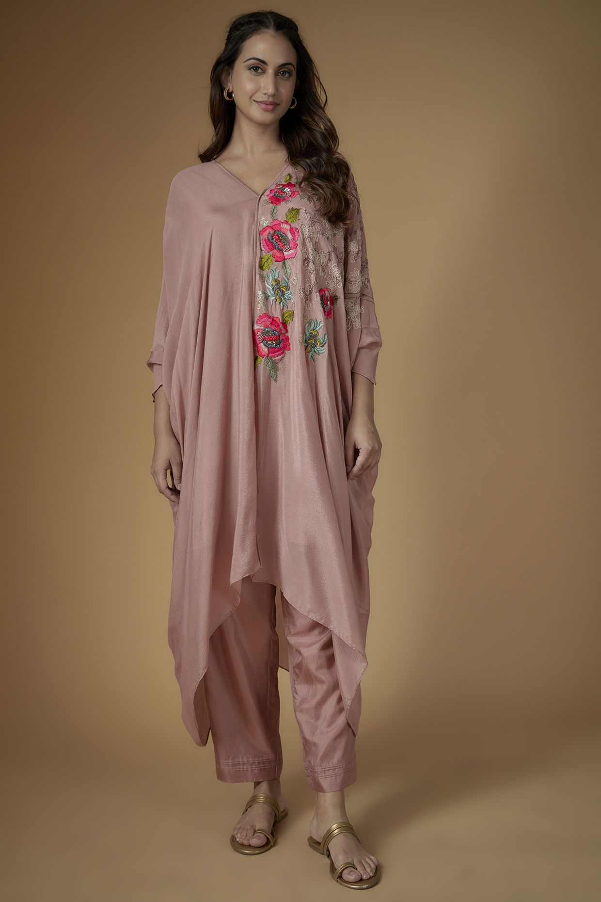 Pink Crepe Chiffon Hand Embroidered Kaftan Set by Half Full Curve at Pernia's Pop Up Shop