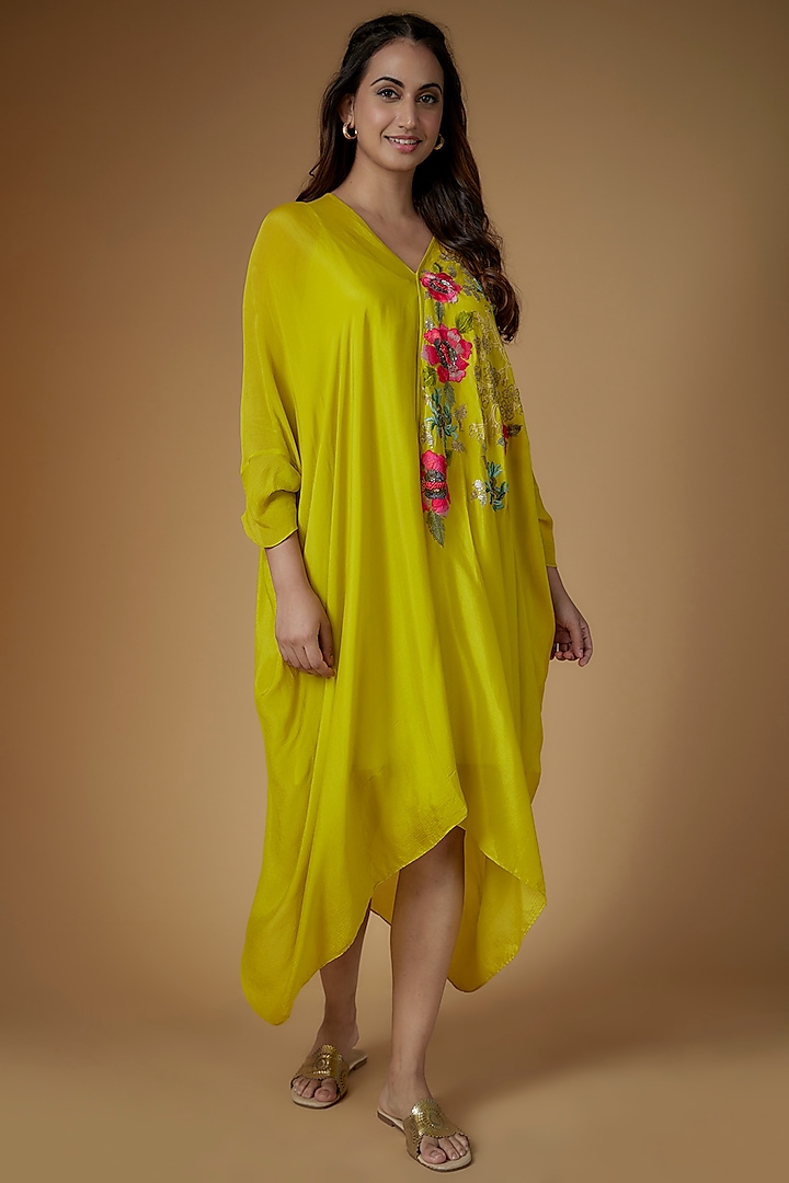 Green Crepe Chiffon Hand Embroidered Draped Kaftan by Half Full Curve at Pernia's Pop Up Shop