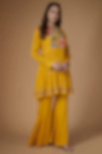 Yellow Crepe Chiffon Peplum Kurta Set by Half Full Curve at Pernia's Pop Up Shop