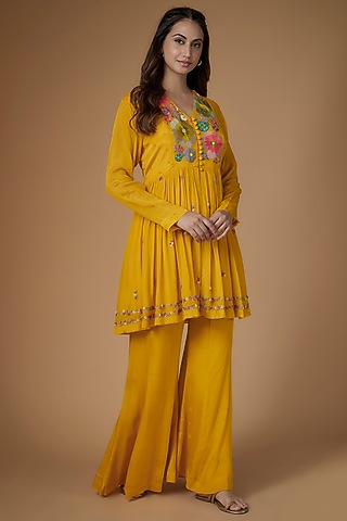 Yellow Crepe Chiffon Peplum Kurta Set by Half Full Curve