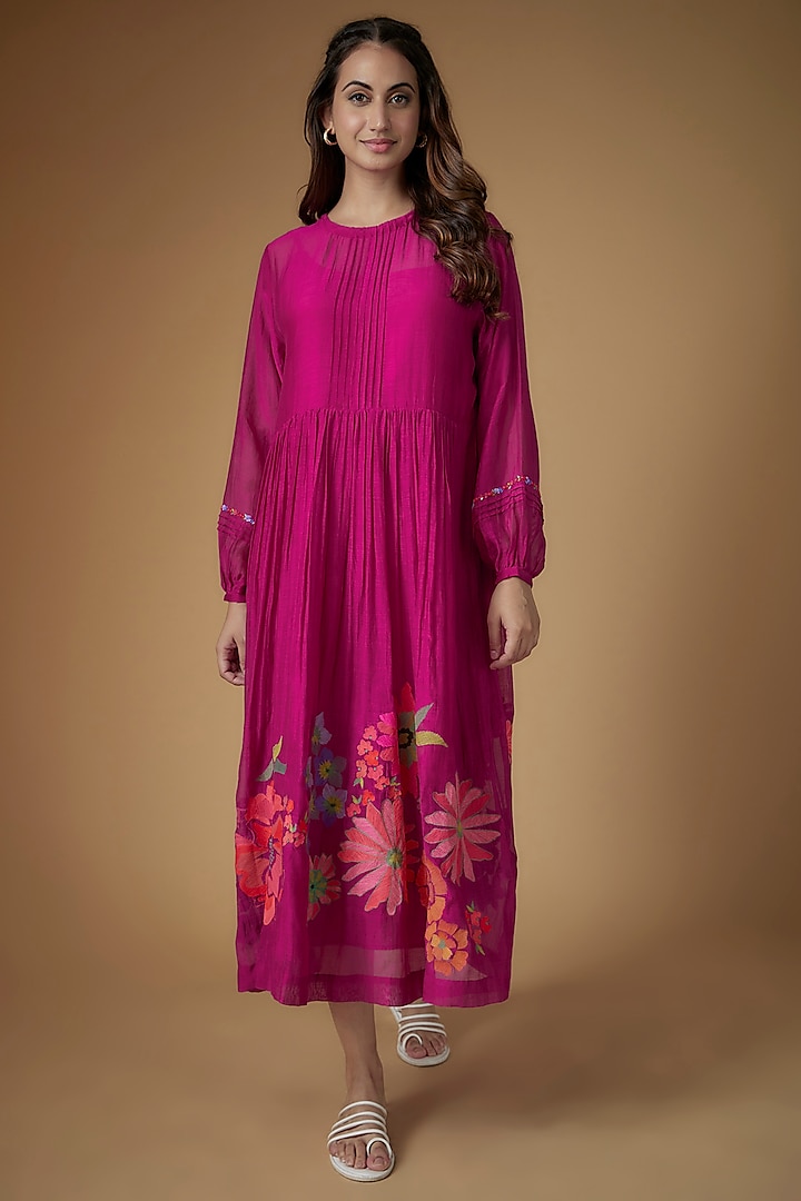 Pink Fine Chanderi Hand Embroidered Gathered Dress by Half Full Curve at Pernia's Pop Up Shop