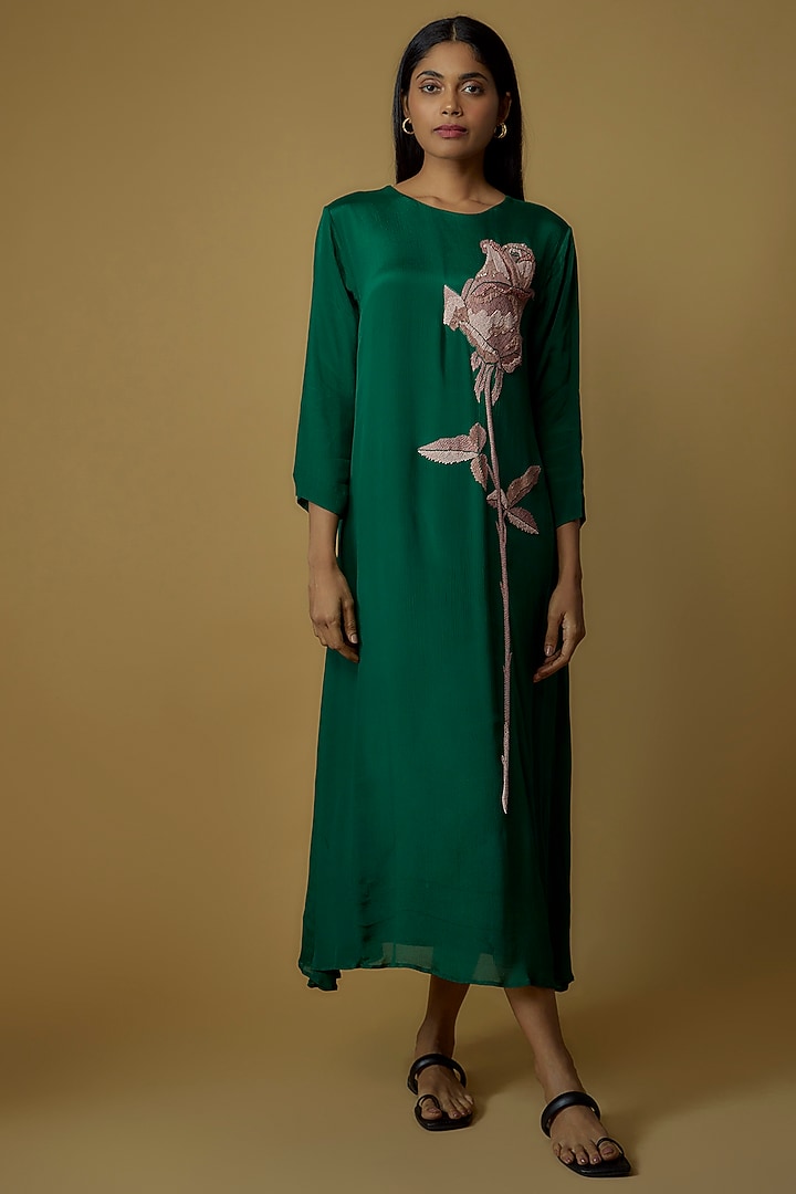 Green Crepe Chiffon Hand Embroidered Vacation Dress by Half Full Curve at Pernia's Pop Up Shop