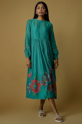 Blue Chanderi Hand Embroidered Gathered dress by Half Full Curve