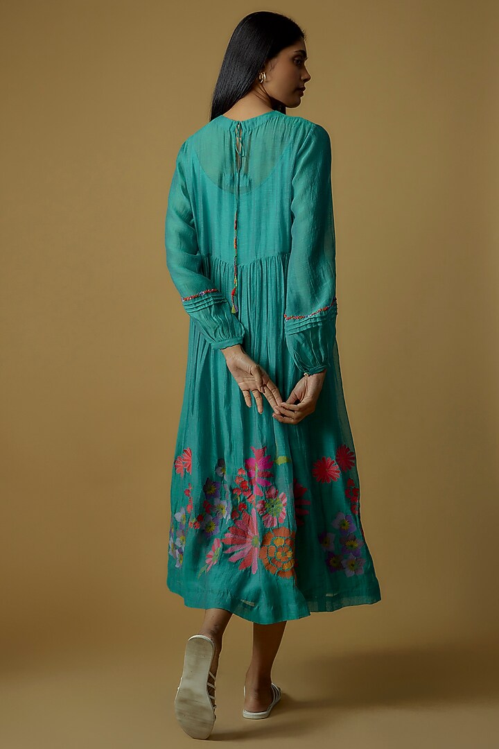 Blue Chanderi Hand Embroidered Gathered Vacation Dress by Half Full Curve at Pernia's Pop Up Shop