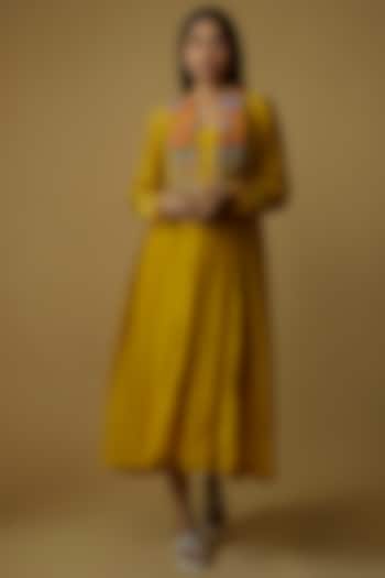 Yellow Chanderi Hand Embroidered Jacket Dress by Half Full Curve