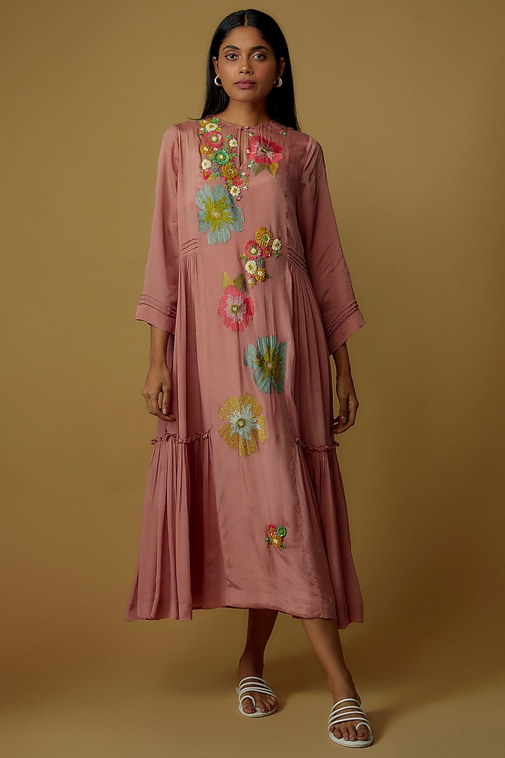 Pink Crepe Chiffon Hand Embroidered Dress by Half Full Curve
