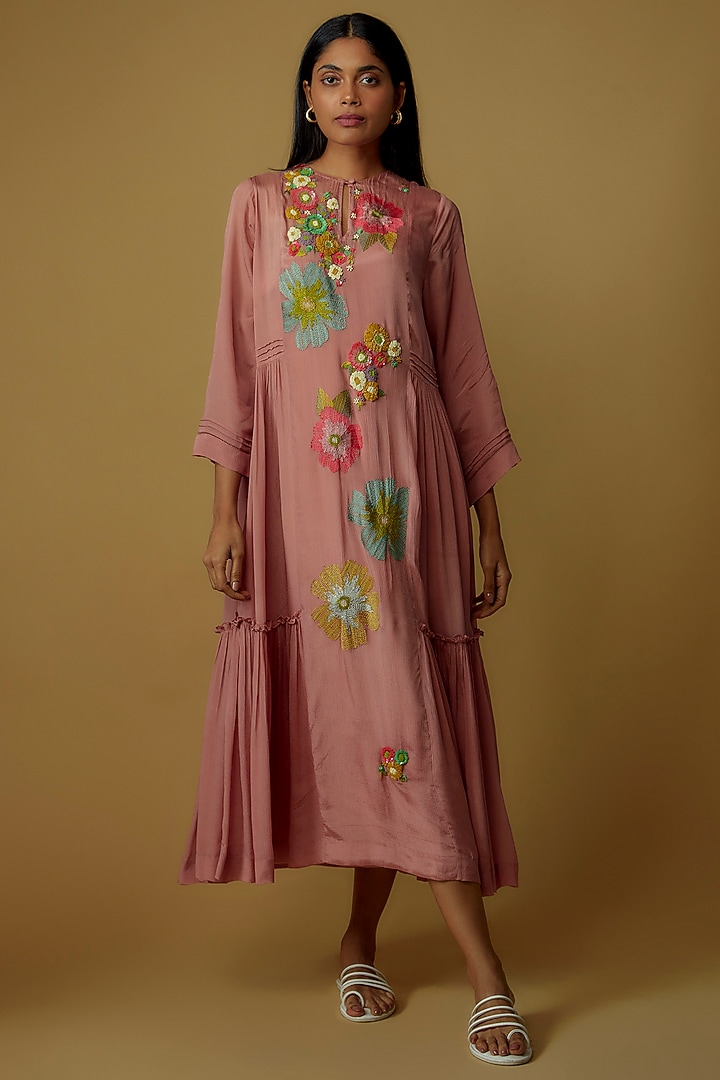 Pink Crepe Chiffon Hand Embroidered Vacation Dress by Half Full Curve at Pernia's Pop Up Shop