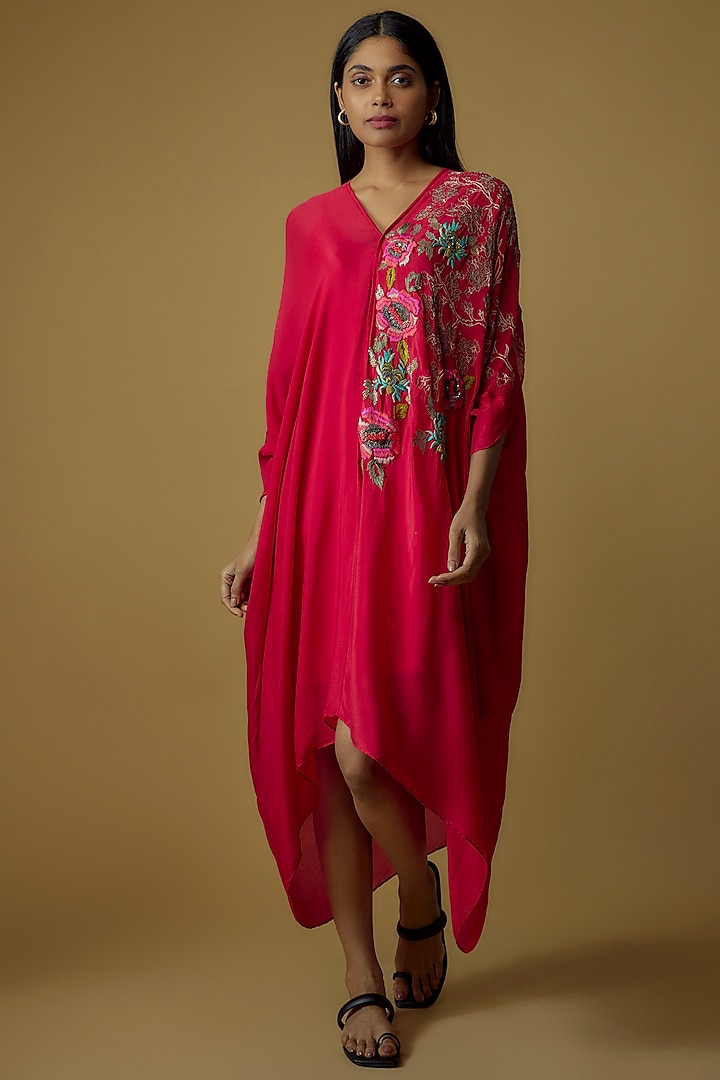 Red Crepe Chiffon Hand Embroidered Draped Kaftan Dress by Half Full Curve
