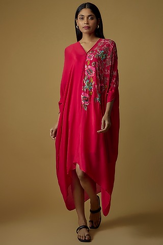 Red Crepe Chiffon Hand Embroidered Draped Kaftan Dress by Half Full Curve