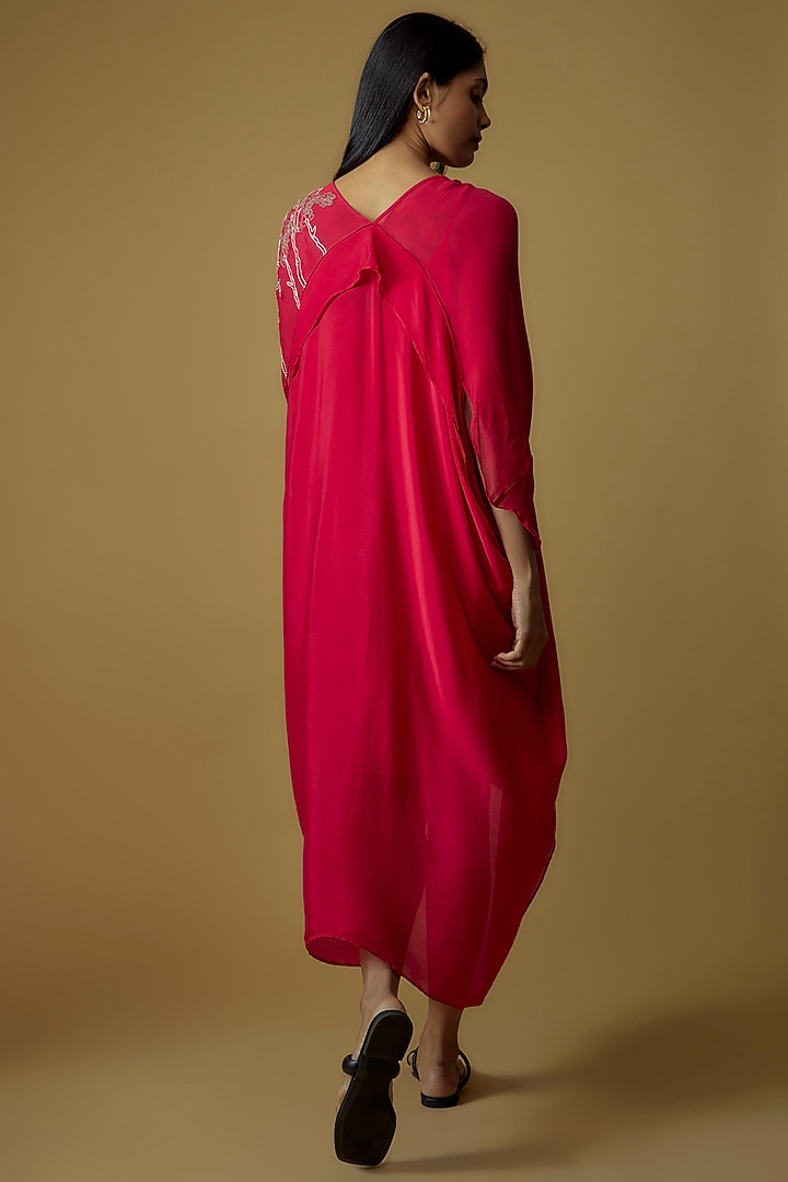 Red Crepe Chiffon Hand Embroidered Draped Kaftan Vacation Dress by Half Full Curve at Pernia's Pop Up Shop