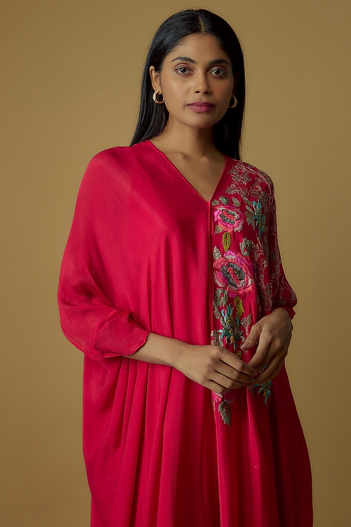 Red Crepe Chiffon Hand Embroidered Draped Kaftan Vacation Dress by Half Full Curve at Pernia's Pop Up Shop