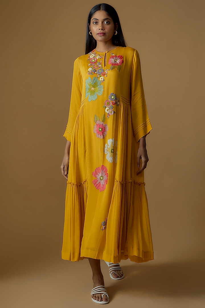 Yellow Crepe Chiffon Hand Embroidered Dress by Half Full Curve at Pernia's Pop Up Shop