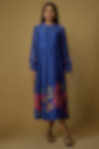 Blue Chanderi Hand Embroidered Gathered dress by Half Full Curve