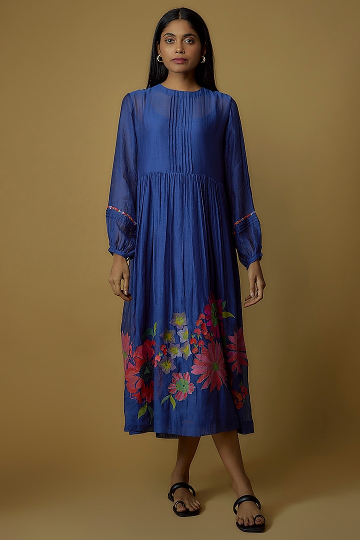Blue Chanderi Hand Embroidered Gathered dress by Half Full Curve