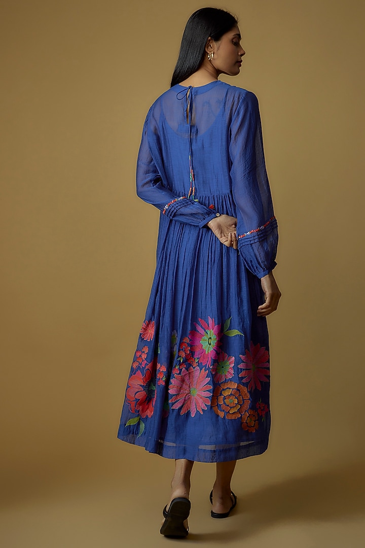 Blue Chanderi Hand Embroidered Gathered Vacation Dress by Half Full Curve at Pernia's Pop Up Shop