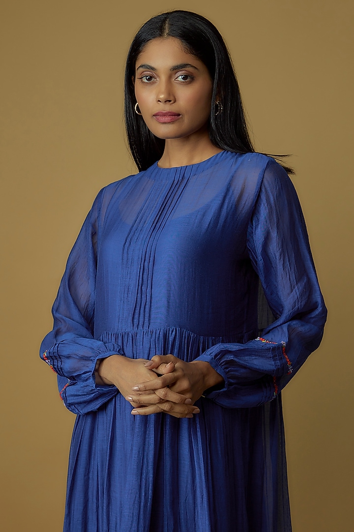 Blue Chanderi Hand Embroidered Gathered Vacation Dress by Half Full Curve at Pernia's Pop Up Shop